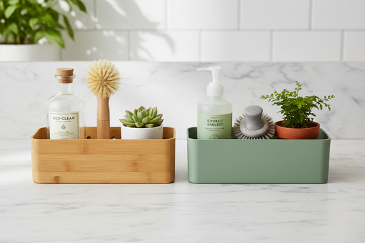 bamboo caddy with items next to a recycled plastic caddy with items