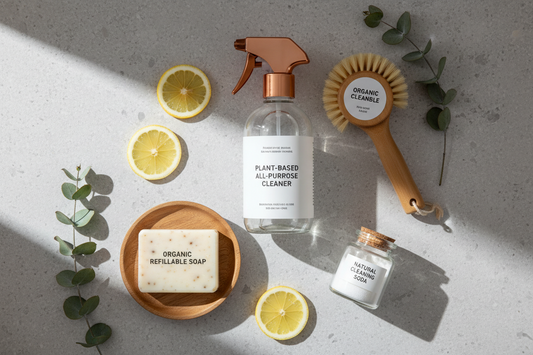 Selection natural cleaners - glass trigger spray bottle, soap bar and dish, lemom slices and leaves