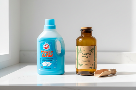 Plastic bottle filled with blue liquid next to glass container with wooden spoon