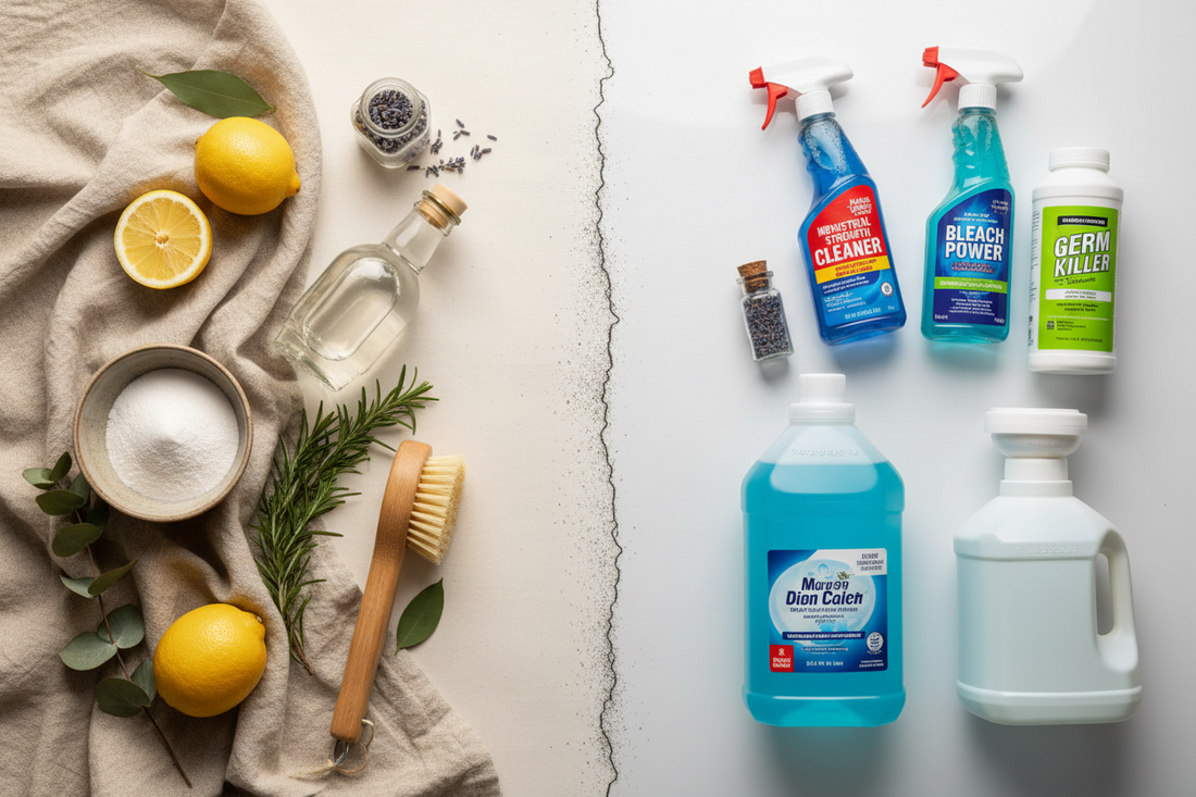 Natural cleaning ingredients next to chemical 