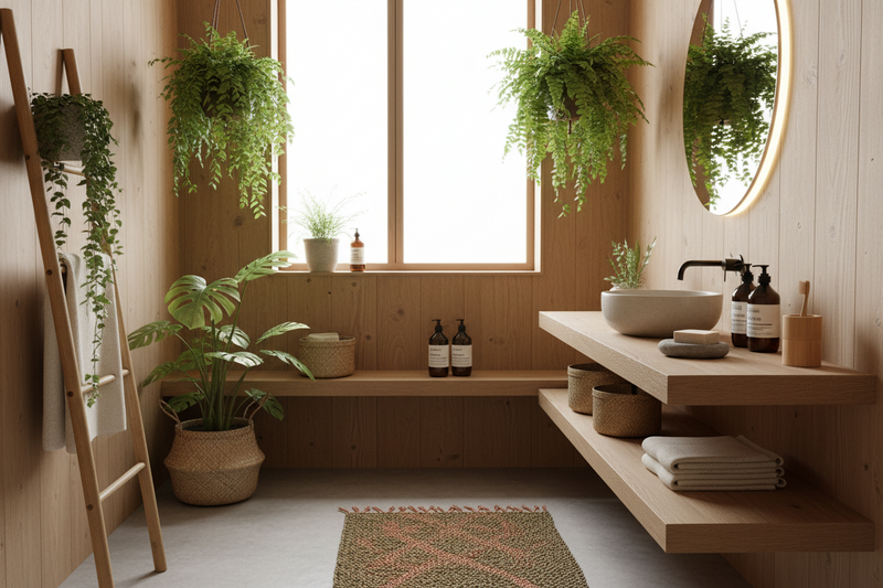 bathroom with plants and reusable bottles