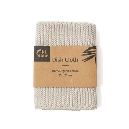 Folded Beach sand dishcloth in brown sleeve with Wild & Stone Dish Cloth 100% Organic Cotton 25 x 25 cm text