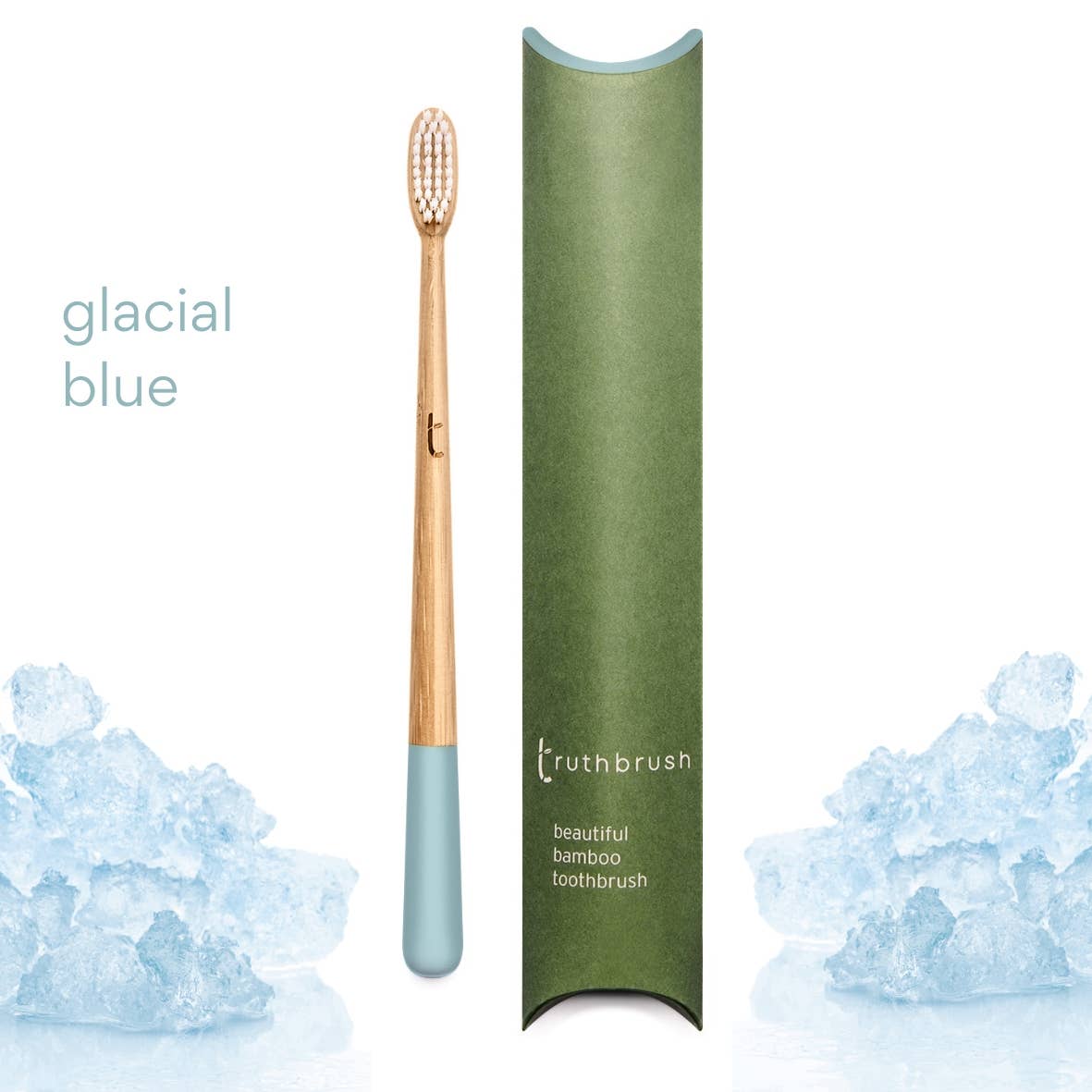  Plastic-free bamboo toothbrush with green plastic-free packaging and 'truthbrush' branding on a white background with ice-like textures.