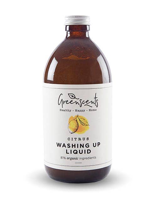 A bottle of Greenscents organic, chemical free  Citrus Washing Up Liquid, 500ml, featuring an amber glass bottle with a white label and silver cap, set against a plain white background.