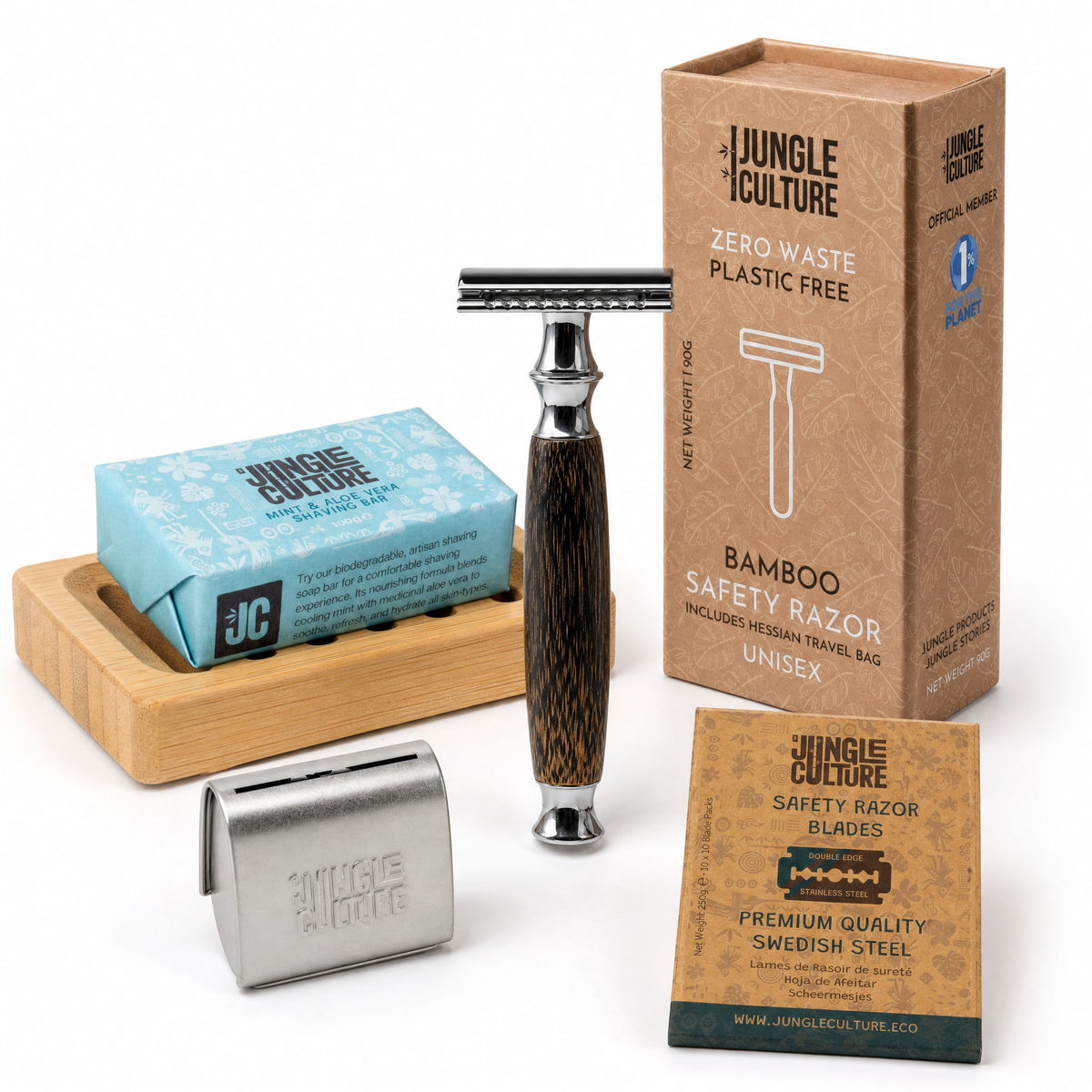 Low-waste, eco-friendlyunisex safety razor set including a bamboo wood handle safety razor, stainless steel travel bag, wooden soap dish, blue travel bag, and brown cardboard packaging boxes on a white background.