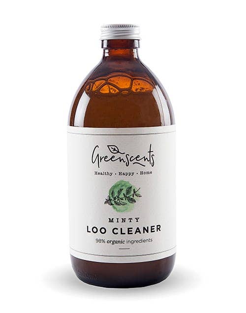 Organic, plastic-free Loo Cleaner. An amber glass bottle of Greenscents Minty Loo Cleaner with a white label and silver cap, shown on a white background.