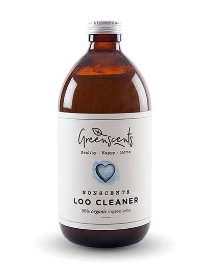 An amber glass bottle of Greenscents Nonscents Loo Cleaner.  Plastic-free, Plant-Based alternative.