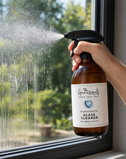 A hand holds an amber glass spray bottle of Greenscents NonScents Glass Cleaner, spraying organic plastic-free glass cleaner onto a window with a blurred outdoor background.