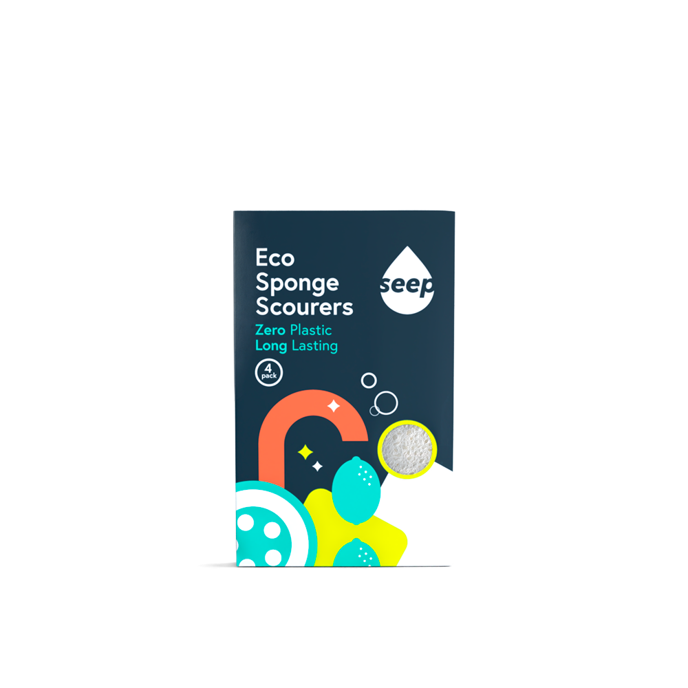 Pack of SEEP plastic-free eco dishwash sponge scourers with 'seep' branding on a white background