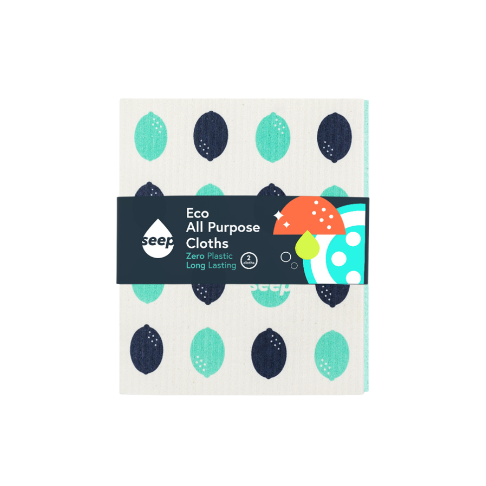 Pack of SEEP eco all-purpose  plastic-free compostable cloths with colorful design on a white background