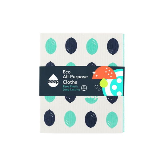 Pack of SEEP eco all-purpose  plastic-free compostable cloths with colorful design on a white background