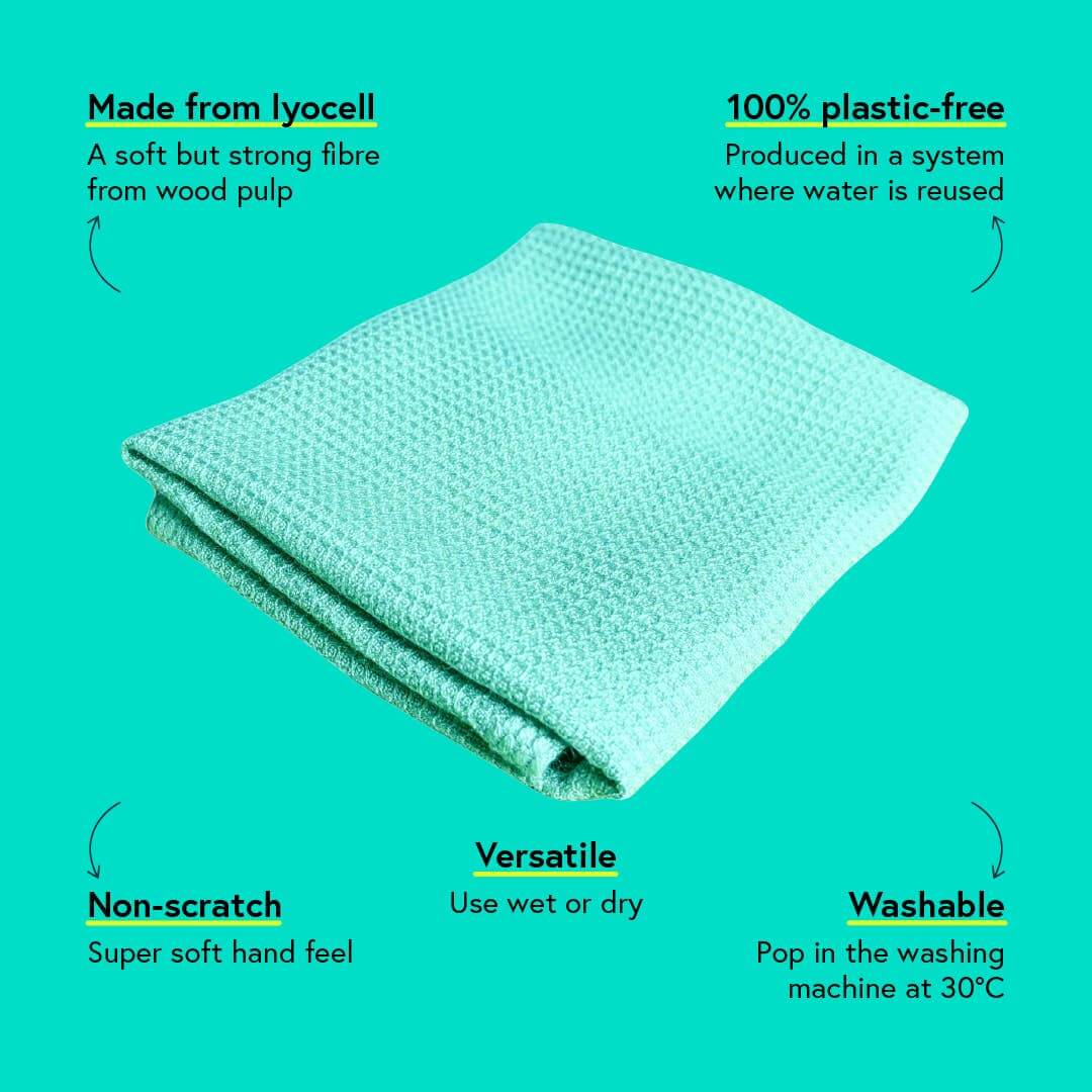 SEEP folded light aqua/teal waffle-weave plastic-free cloth centered on a bright teal background, surrounded by marketing text callouts about being made from lyocell, 100% plastic-free, non-scratch, versatile, and washable.