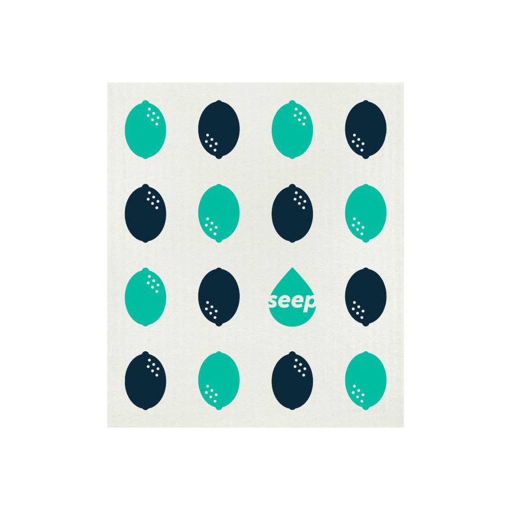 SEEP Dishcloth with blue and green lemon pattern on a white background
