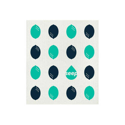 SEEP Dishcloth with blue and green lemon pattern on a white background