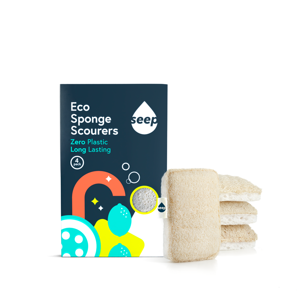 Box of SEEP plastic-free eco sponge scourers with two sponges on a white background
