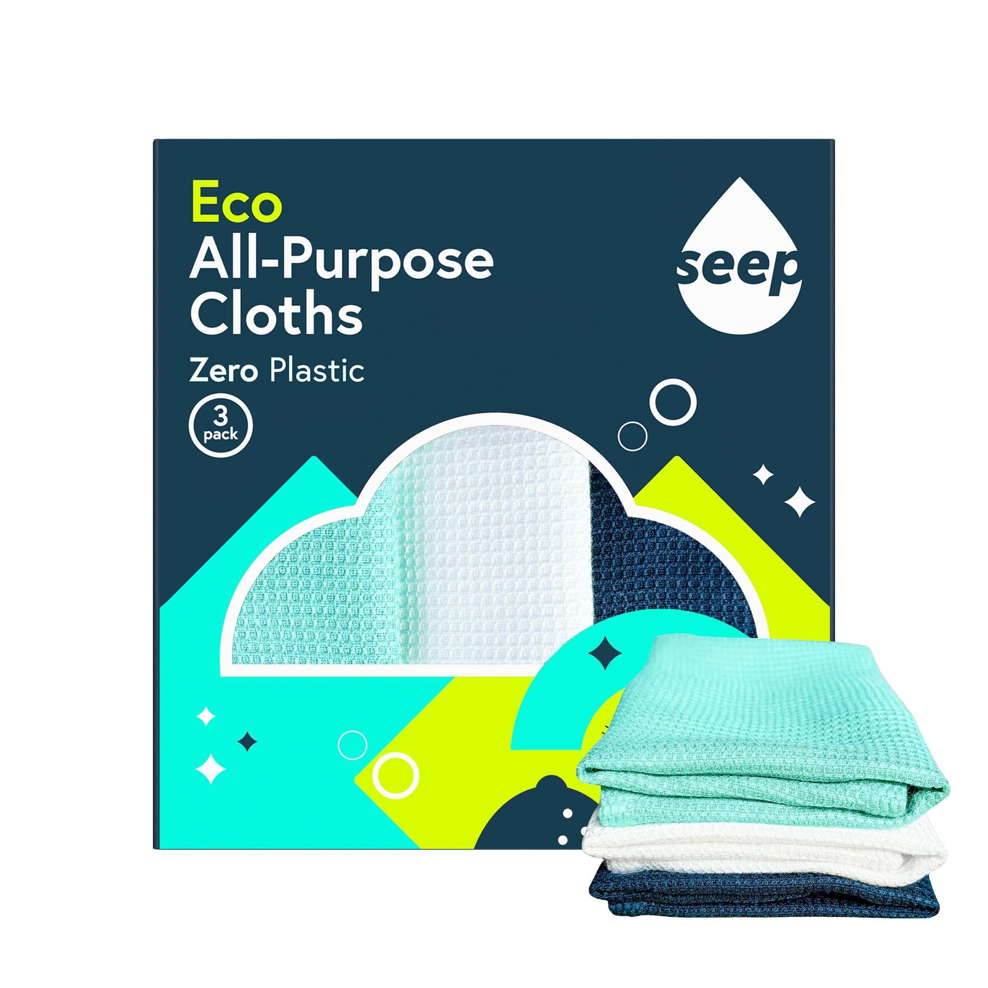 SEEP all-purpose Zero Plastic 3 pack cloths with packaging displaying 'seep' brand on a white background