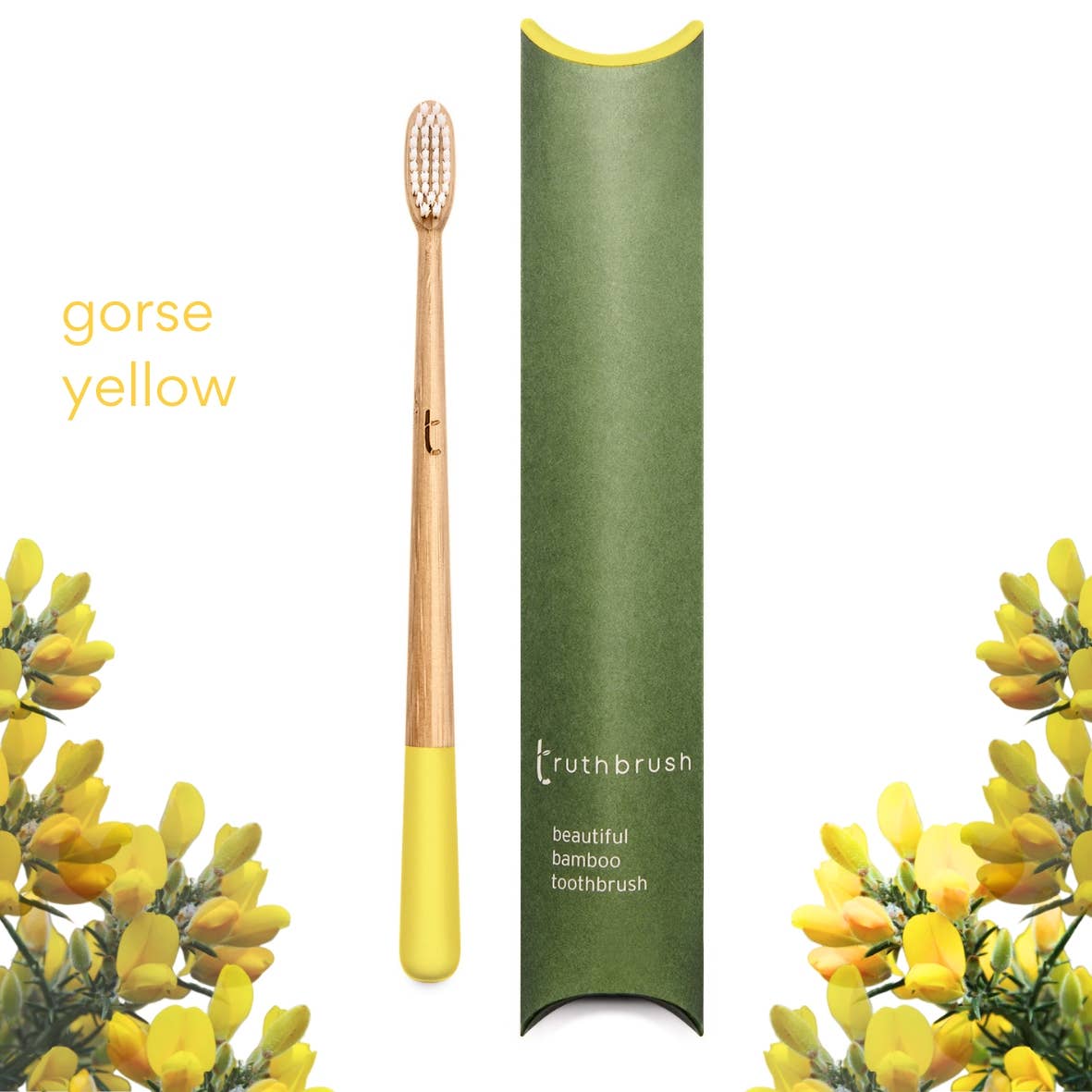 Yellow handled bamboo toothbrush with castor bean medium firmness bristles and green case, surrounded by yellow flowers, on a white background.