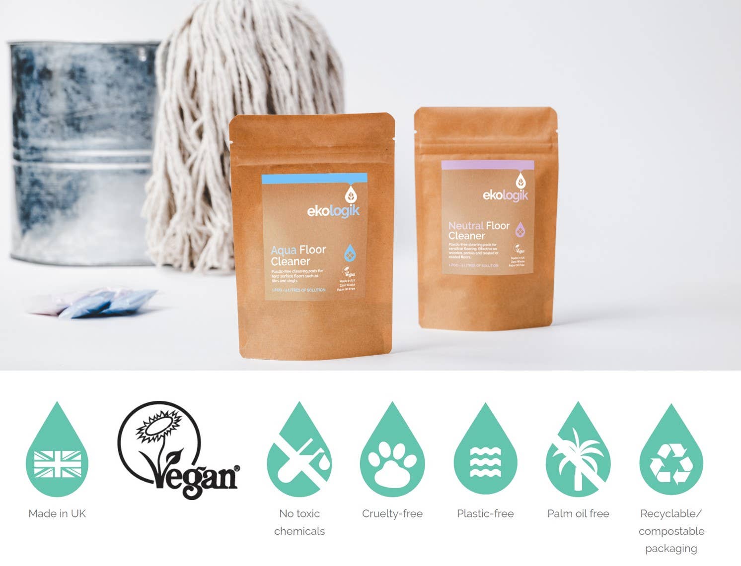 2 pouches of ecologic floor cleaner one pouch titled aqua floor cleaner one pouch titled natural floor cleaner.  Bar at the bottom detailing claims