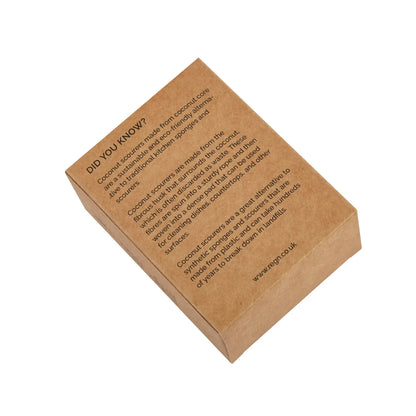 A square brown kraft paper box with printed black text on a plain white background.