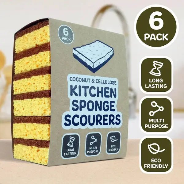 Natural Coconut & Cellulose Sponge Scourers (Pack of 6) - EcoElara