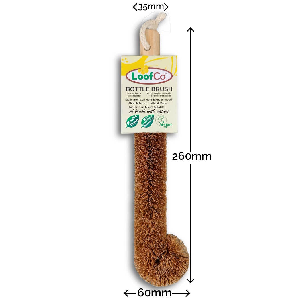 A LoofCo bottle brush with a brown bristle body and a light wood handle, shown with printed packaging and dimension callouts indicating 260mm length, 35mm top width, and 60mm bottom width.