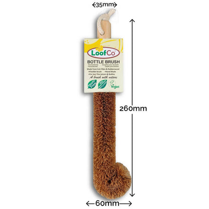 A LoofCo bottle brush with a brown bristle body and a light wood handle, shown with printed packaging and dimension callouts indicating 260mm length, 35mm top width, and 60mm bottom width.