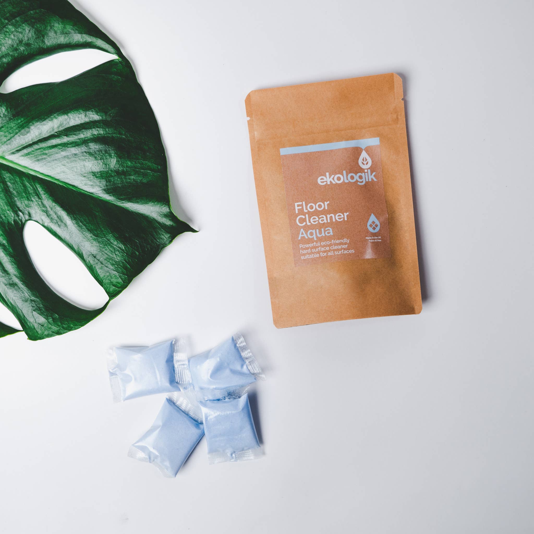 Eco - Friendly Floor Cleaner Pods  with 4 light blue pods and a large leaf on white background