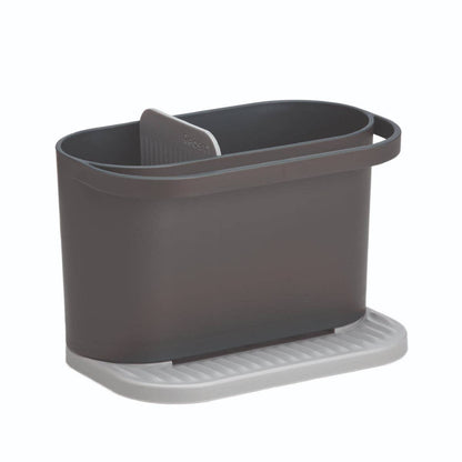 Gray recycled plastic container with a white base on a white background