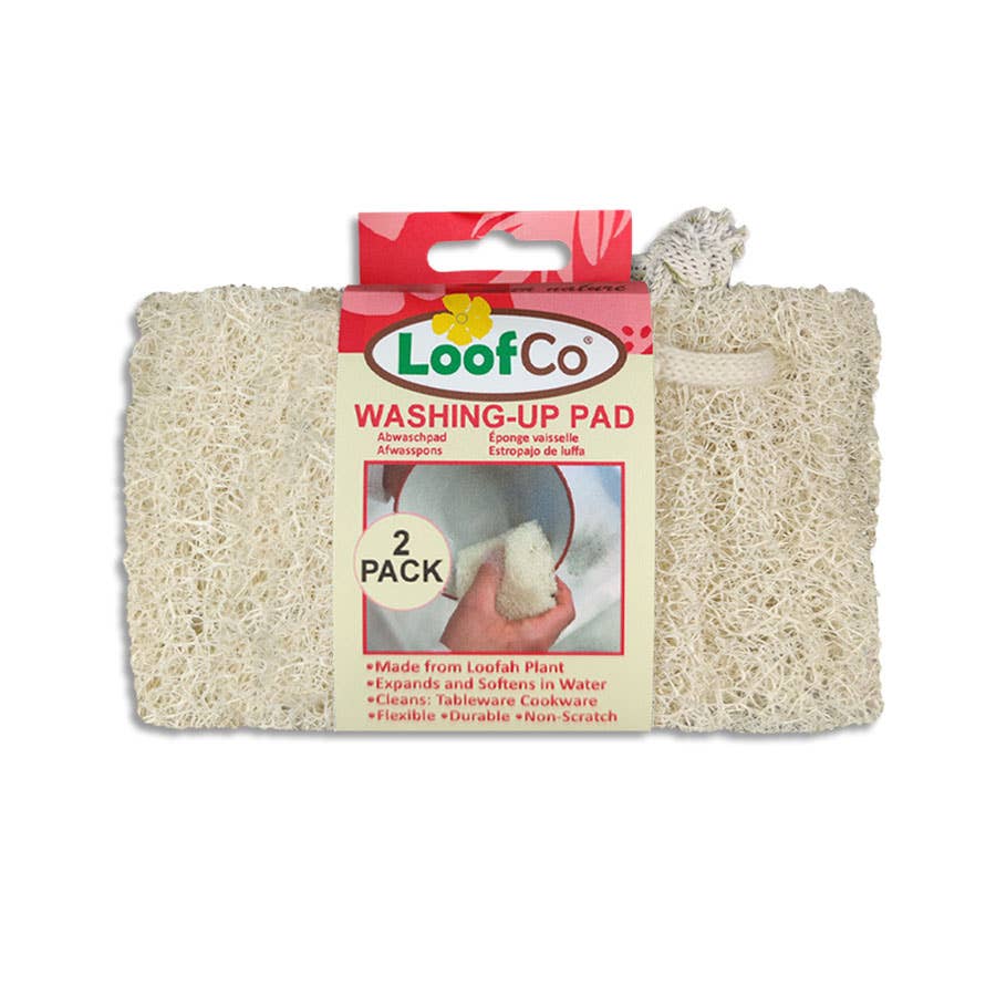A 2-pack of LoofCo plastic-free washing-up pads in their original packaging, featuring natural beige loofah plant fibers on a white background plastic free sponge alternative.