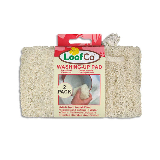 A 2-pack of LoofCo plastic-free washing-up pads in their original packaging, featuring natural beige loofah plant fibers on a white background plastic free sponge alternative.