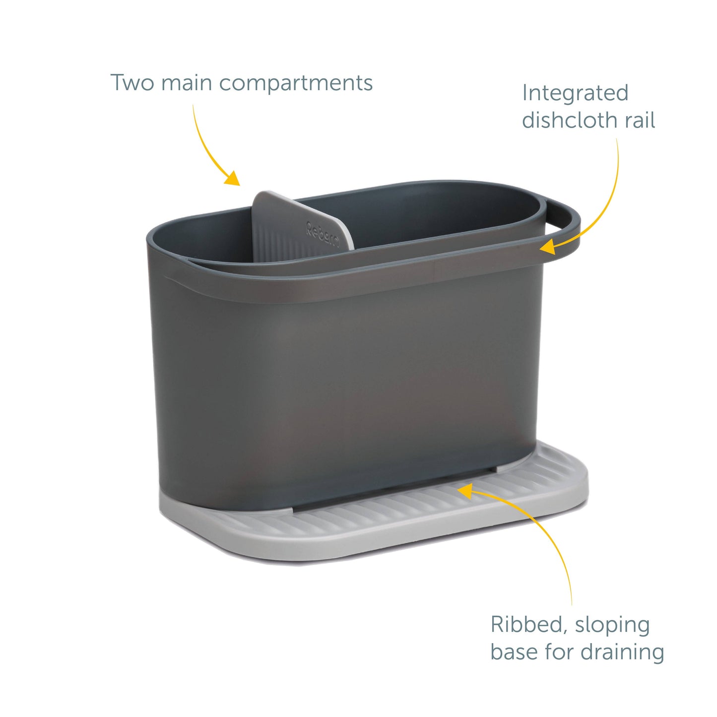 Gray recycled plastic dishwashing station with features highlighted on a white background