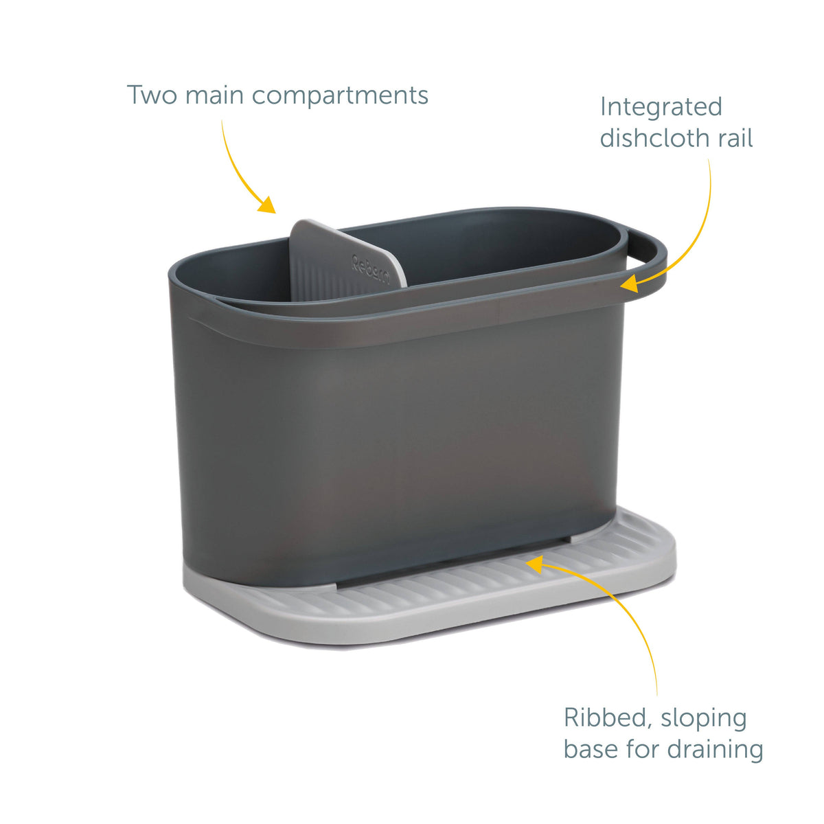 Gray recycled plastic dishwashing station with features highlighted on a white background