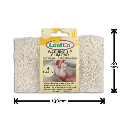 A 4-pack of plastic free Loof Co Washing-Up Slim-Pad sponge pads in their retail packaging, shown with dimension arrows indicating a width of 130mm and a height of 80mm.