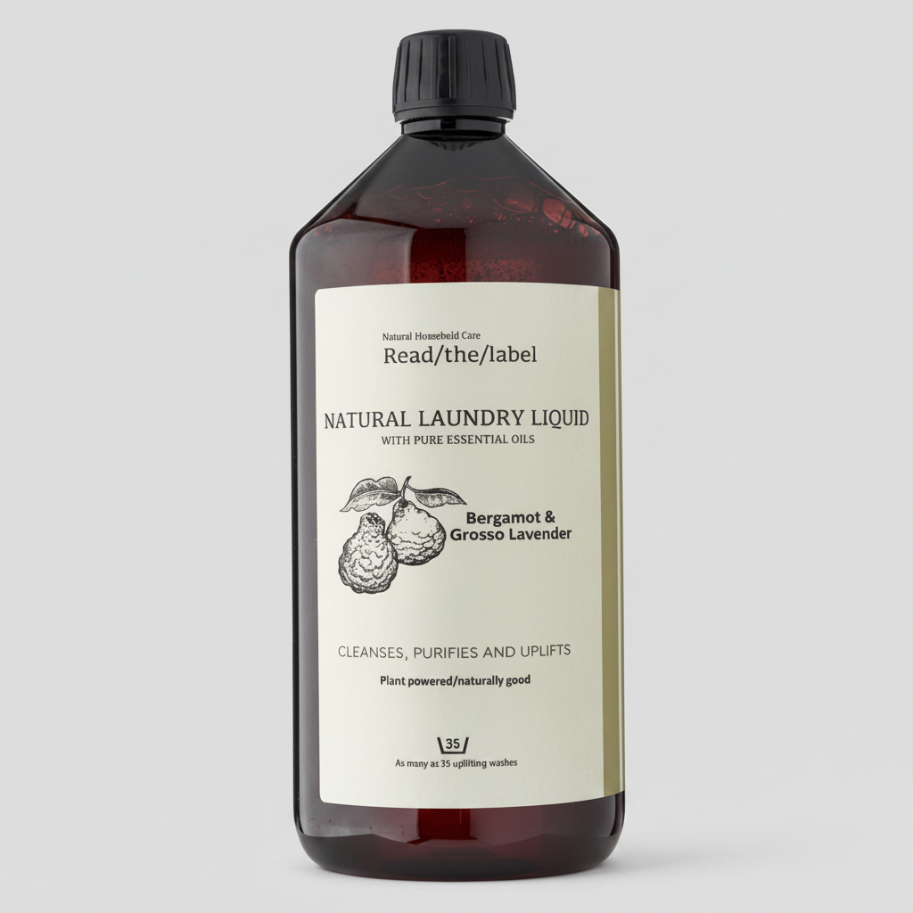 Bottle of natural laundry liquid with a label on a white background