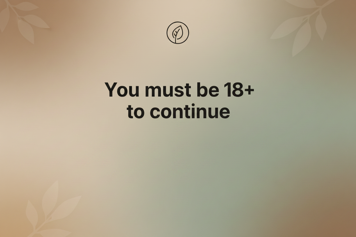 18+ age restriction message on a gradient background with leaf designs