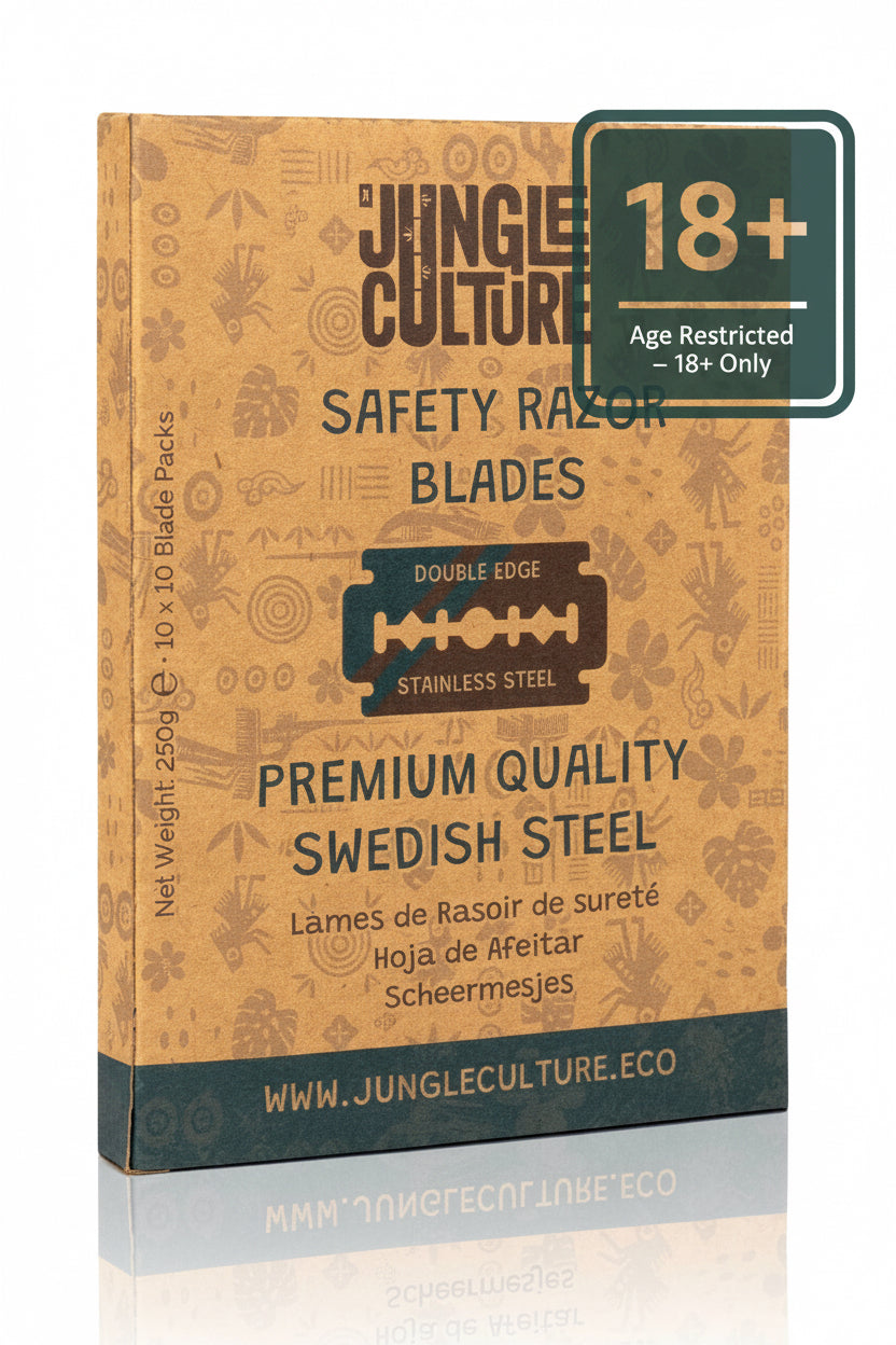 brown and green box of safety razor blades with stamp stating 18+ age restricted