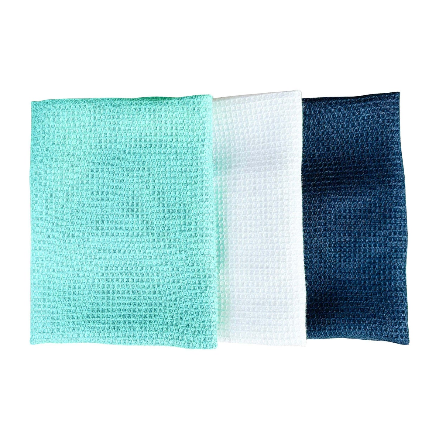 three SEEP  square textured microfiber free cloths in mint green, white, and dark blue, arranged side-by-side on a plain white background.