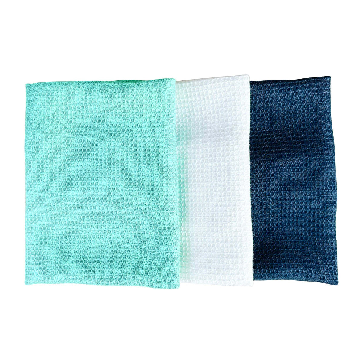 three SEEP  square textured microfiber free cloths in mint green, white, and dark blue, arranged side-by-side on a plain white background.