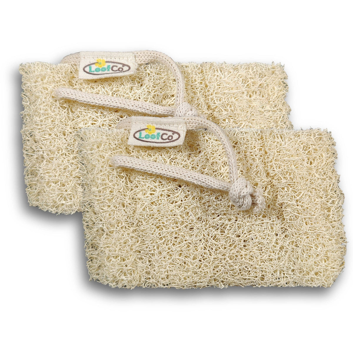 Two plastic-free natural coir dishwashing sponge with white rope handles and Leoti Co brand tags, displayed on a clean white background.