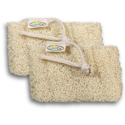 Two plastic-free natural coir dishwashing sponge with white rope handles and Leoti Co brand tags, displayed on a clean white background.